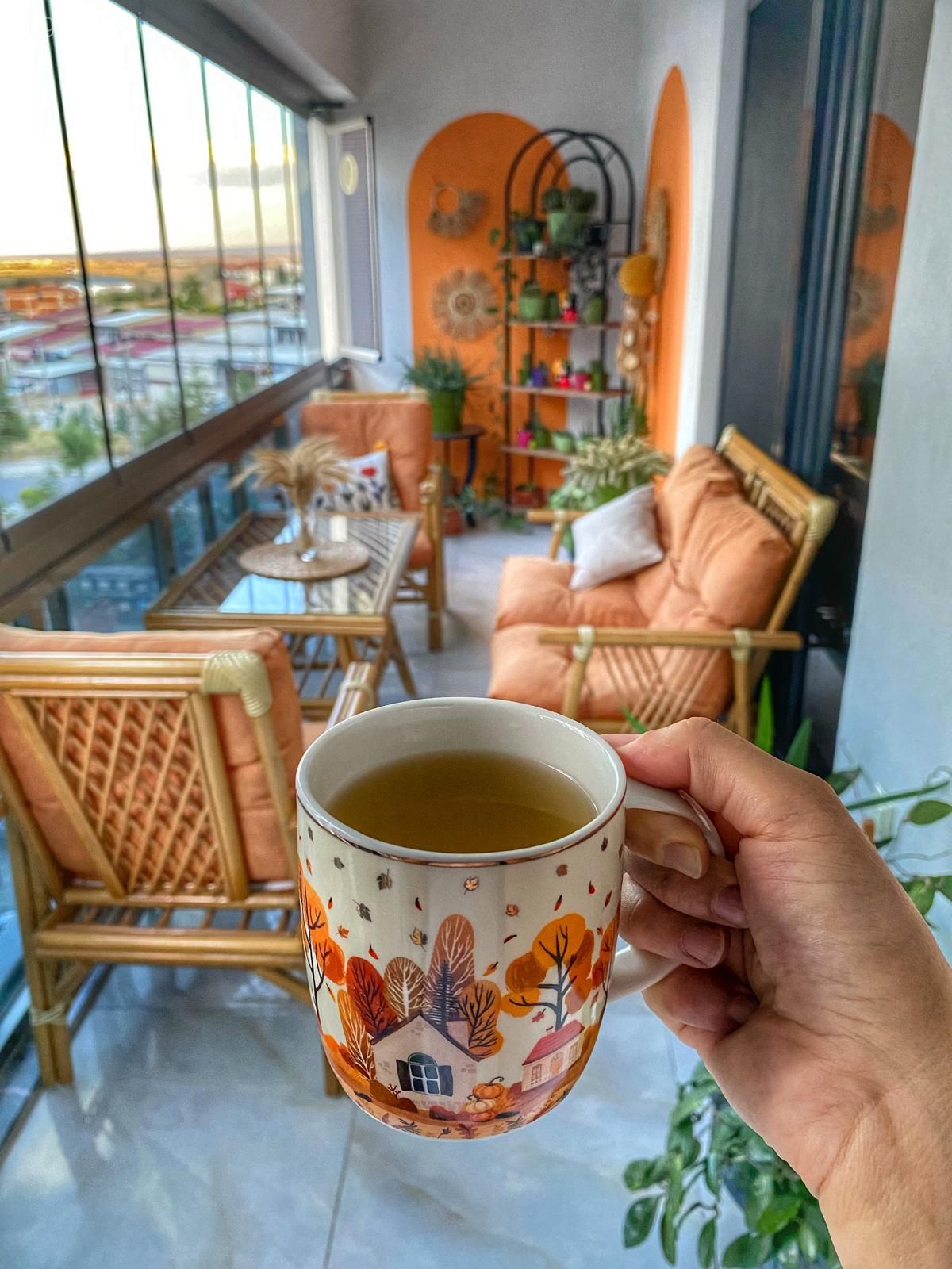 Balkon, Turuncu, Ahşap Mobilya, Hasır, Balkon oturma grubu, Turuncu duvar rengi, Ev bitkisi, Balkon masası