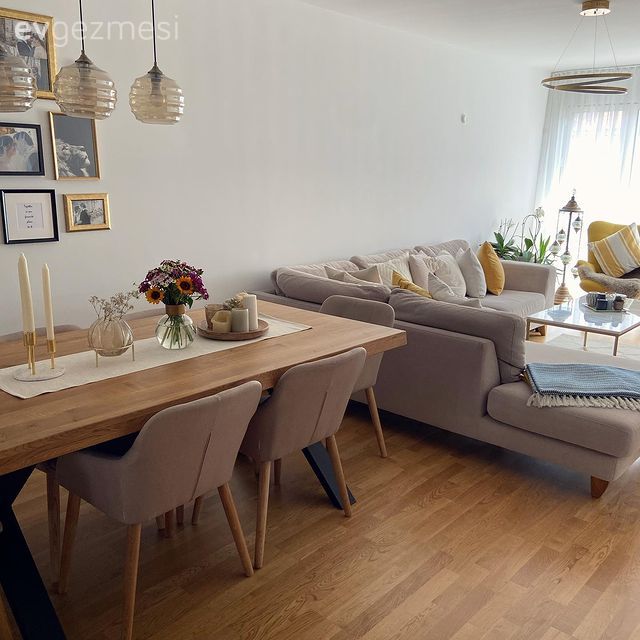 Salon, Modern, Gri, Köşe koltuk, Koltuk takımı, Sarı, Beyaz, Orta sehpa, Sehpa, Halı, Parke, Sandalye, Yemek masası, Çerçeve, Avize, Aydınlatma, Ahşap masa, Berjer