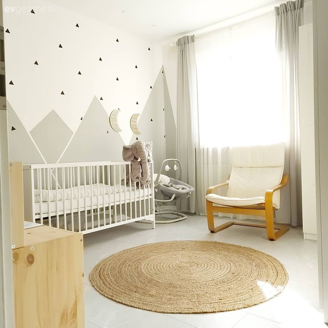 Çocuk Odası, Beyaz, Jüt halı, Halı, Gri, Beşik, Bebek odası, Berjer, Fon perde, Perde, Tül perde, Çocuk odası duvar dekorasyonu