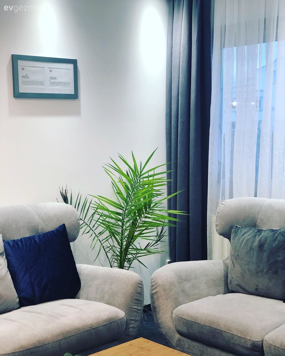 Oturma Odası, Modern, Gri, Mavi, Fon perde, Perde, Tül perde, Çerçeve, Duvar dekorasyonu, Koltuk takımı, Spot aydınlatma, Aydınlatma, Kırlent, Ev tekstili, Ev bitkisi, Berjer