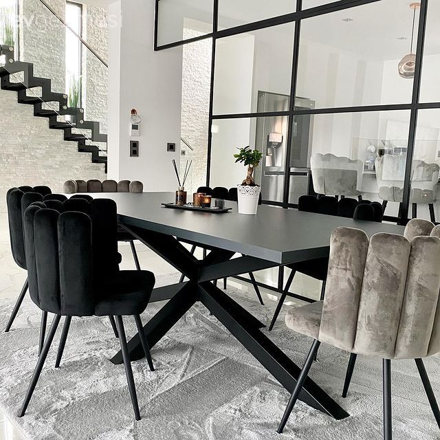 Modern, Yemek Odası, Beyaz, Siyah, Vizon, Gri, Sandalye, Yemek masası, Merdiven
