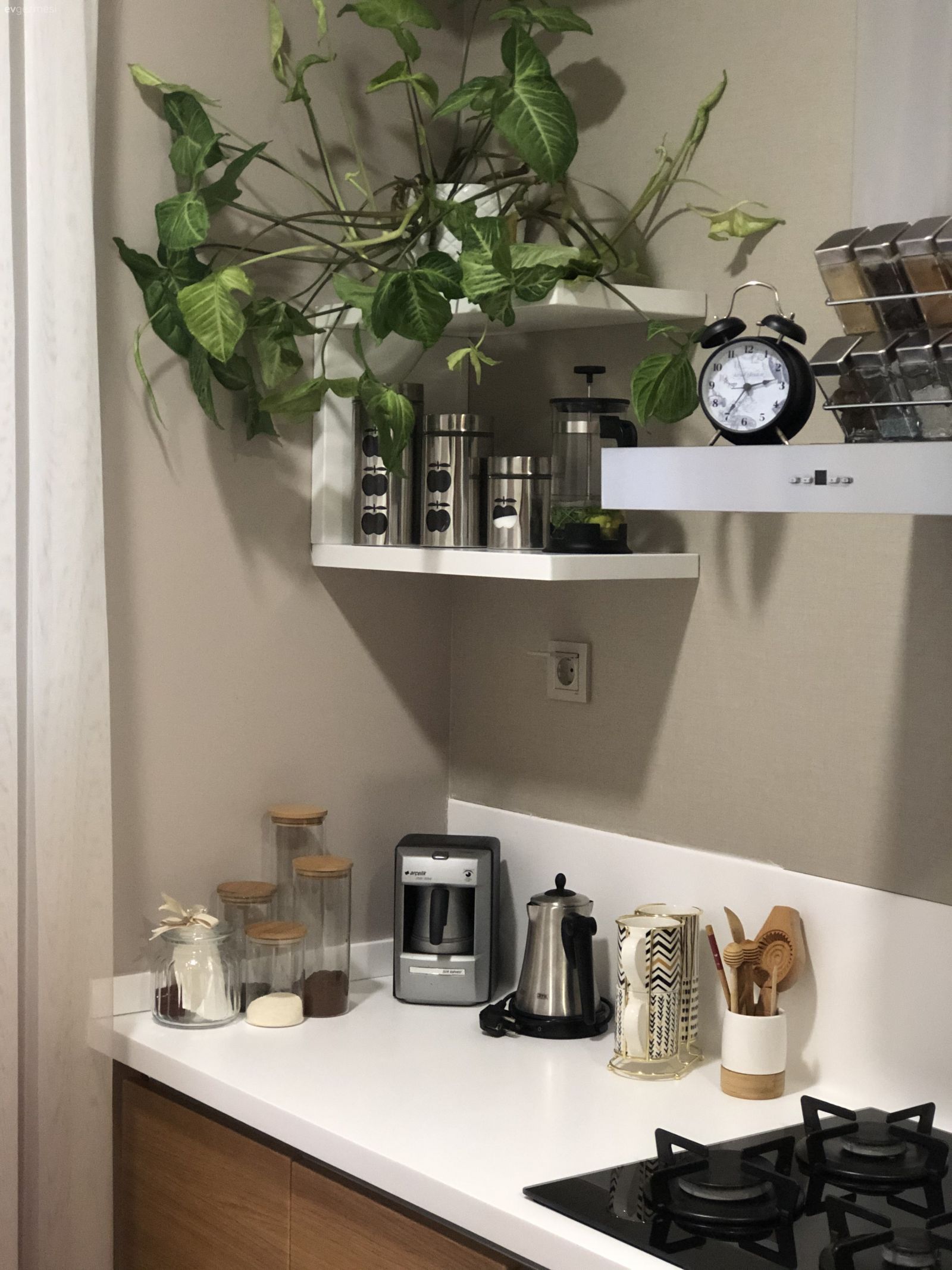 Mutfak rafı, Mutfak, Beyaz ve ahşap mutfak, Mutfak tezgahı, Mutfak tezgah arası, Mutfak aksesuarları, Ev bitkisi, Davlumbaz, Gri