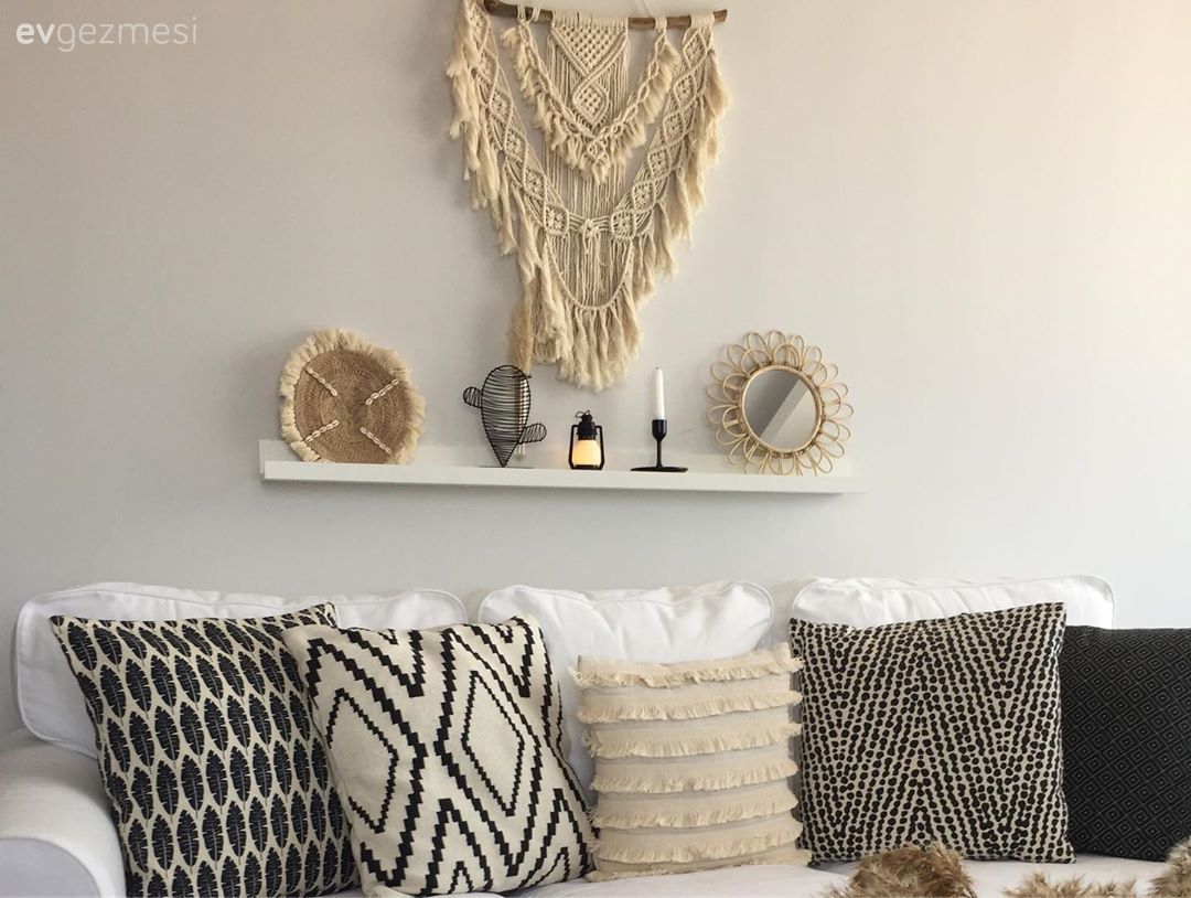 Bohem Dekorasyon, Kırlent, Ev tekstili, Beyaz, Bej, Krem, Duvar rafı, Duvar dekorasyonu, Makrome, Hasır
