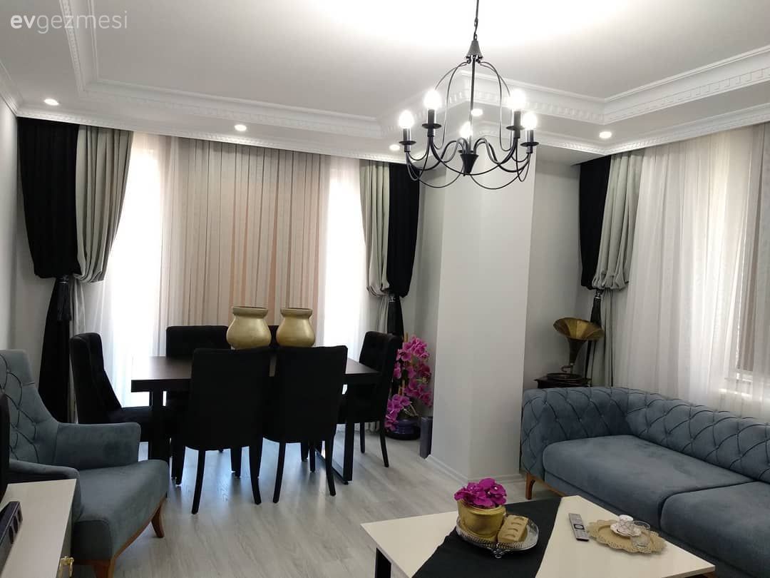 Salon, Modern klasik, Gri, Siyah, Altın, Pembe, Beyaz, Fon perde, Perde, Tül perde, Modern chesterfield, Berjer, Orta sehpa, Sehpa, Sehpa üstü aksesuarı, Ev Aksesuar, Yemek masası, Sandalye, Avize, Aydınlatma, Salon avizesi, Dekoratif Objeler, Spot aydınlatma