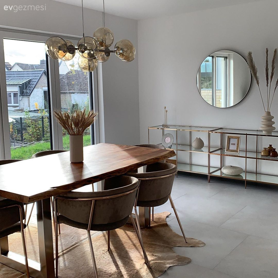 Yemek Odası, Siyah, Vizon, Modern, Ahşap masa, Sandalye, Yuvarlak ayna, Dekoratif ayna, Konsol, Konsol üzeri dekoratif objeleri