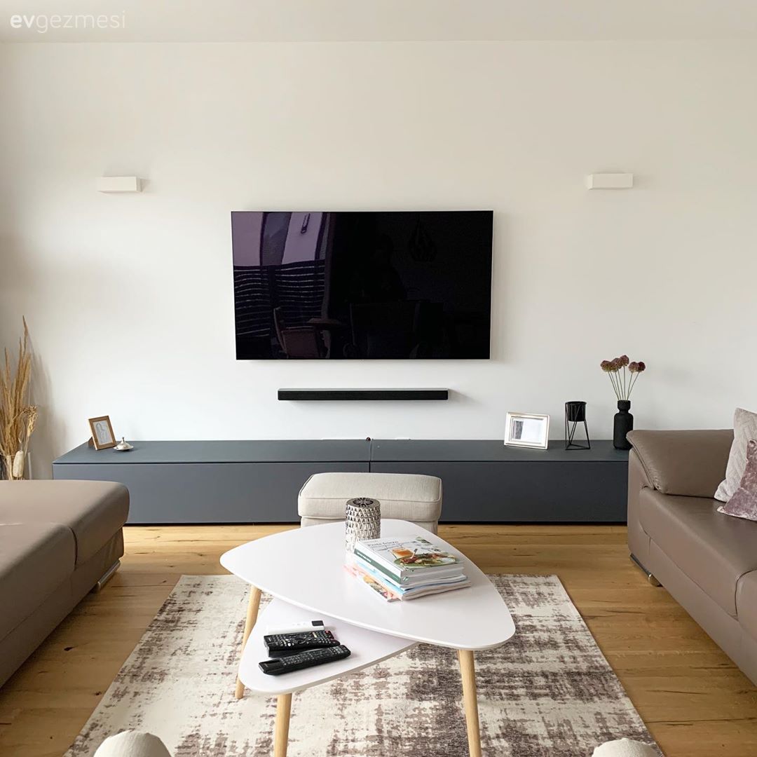 Salon, Gri, Vizon, Beyaz, Tv ünitesi, Tv ünitesi aksesuarları, Ev Aksesuar, Halı, Salon halısı, Orta sehpa, Sehpa, Kırlent, Ev tekstili, Vazo, Pampas otu