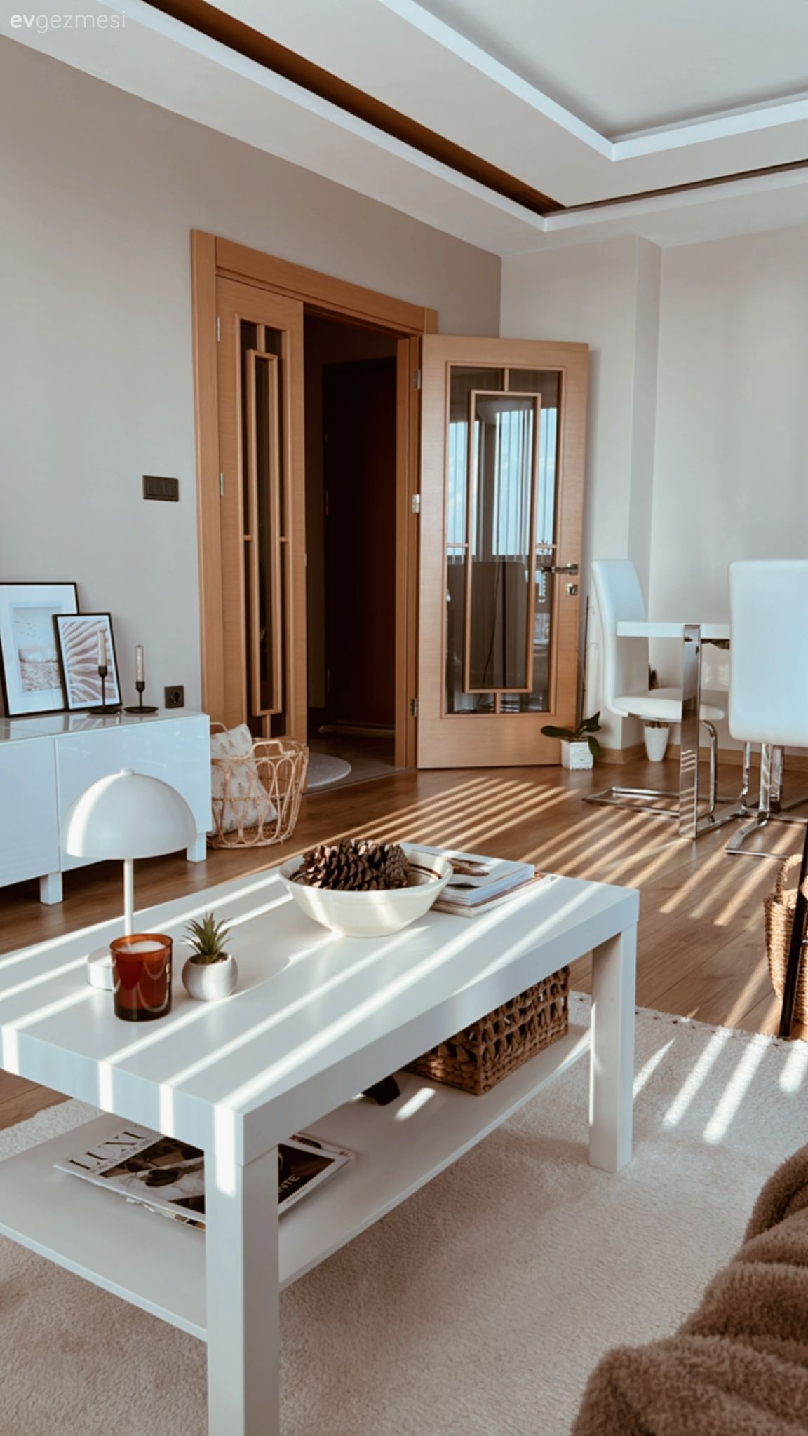 Beyaz, Tv ünitesi, Tv ünitesi aksesuarları, Ev Aksesuar, Sandalye, Beyaz halı, Orta sehpa, Sehpa