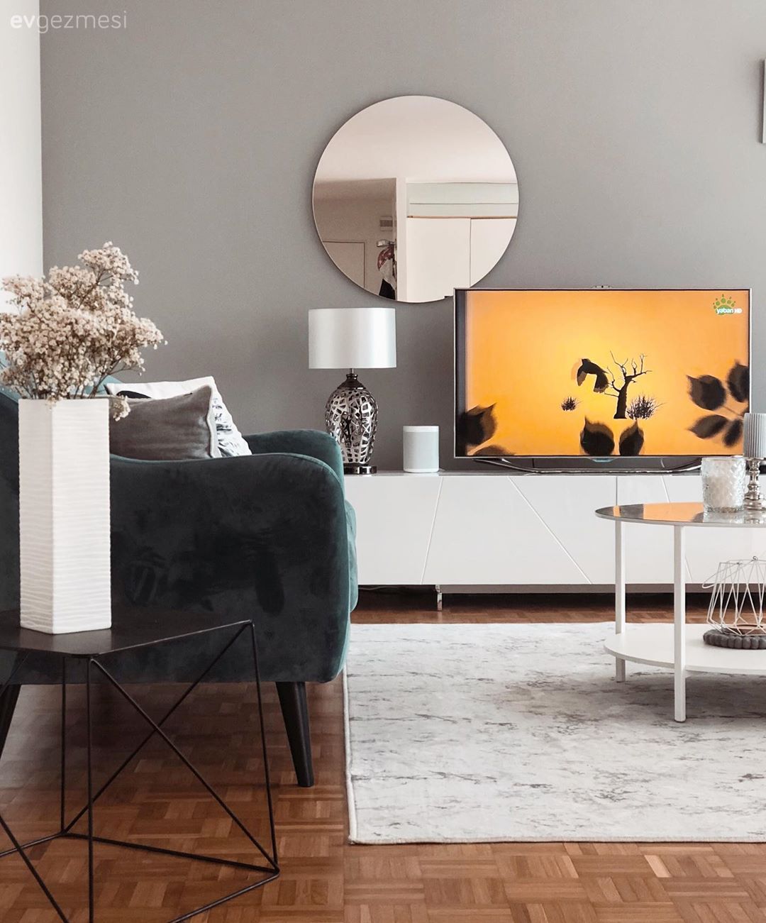 Beyaz, Gri duvar, Yeşil, Siyah, Tv ünitesi, Tv ünitesi aksesuarları, Ev Aksesuar, Koltuk takımı, Vazo, Çiçekler, Halı, Salon halısı, Yuvarlak sehpa, Sehpa, Abajur, Aydınlatma, Kırlent, Ev tekstili