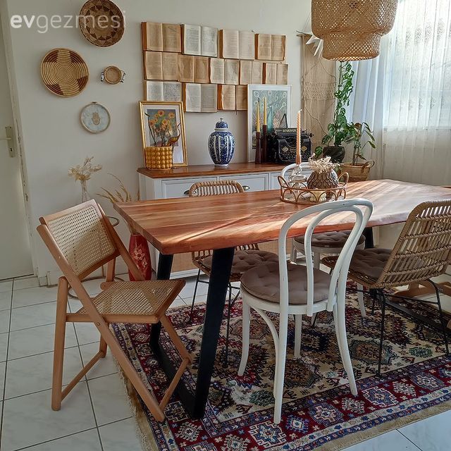 Yemek Odası, Çerçeve, Hasır avize, Sandalye, Yemek masası, Halı, Kilim, Dekoratif Objeler, Ev bitkisi