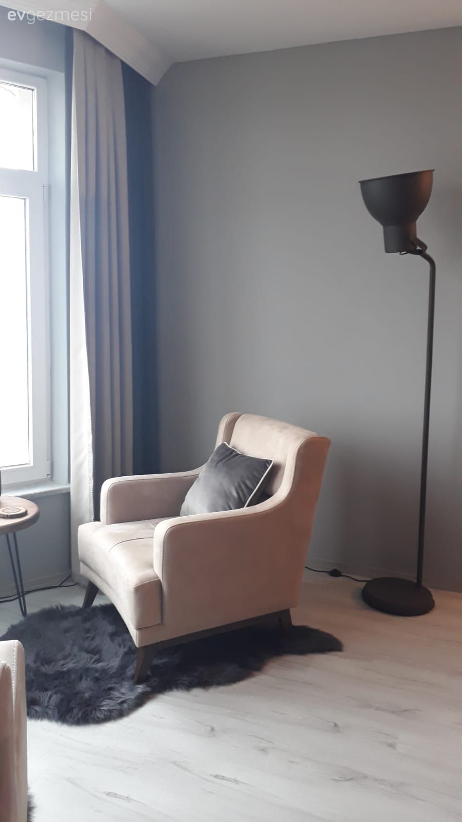 Krem, Gri duvar, Lambader, Aydınlatma, Berjer, Fon perde, Perde, Kırlent, Orta sehpa, Salon, Metal ayaklı sehpa, Sehpa, Post halı, Halı