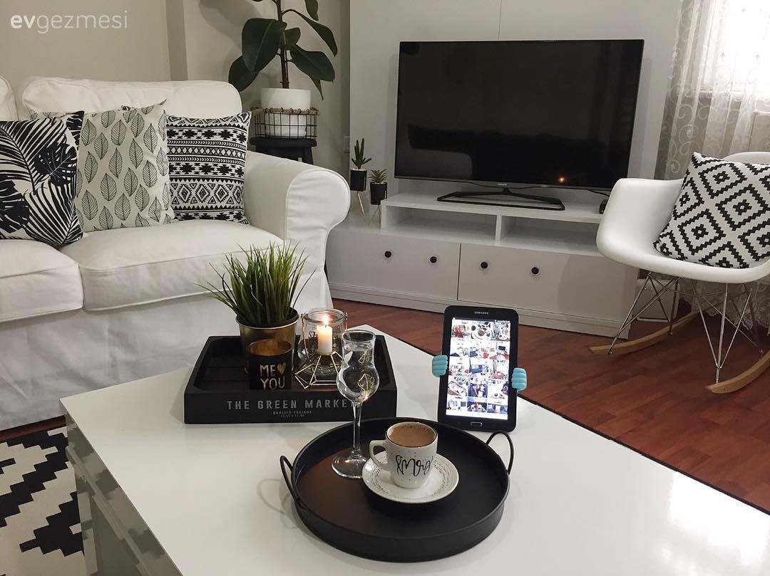 Salon, Koltuk takımı, Beyaz, Siyah- Beyaz, Orta sehpa, Halı, Salon halısı, Kırlent, Geometrik desen, Desenler, Ev bitkisi, Sepet saksı, Sandalye, Tv ünitesi, Tül perde, Perde