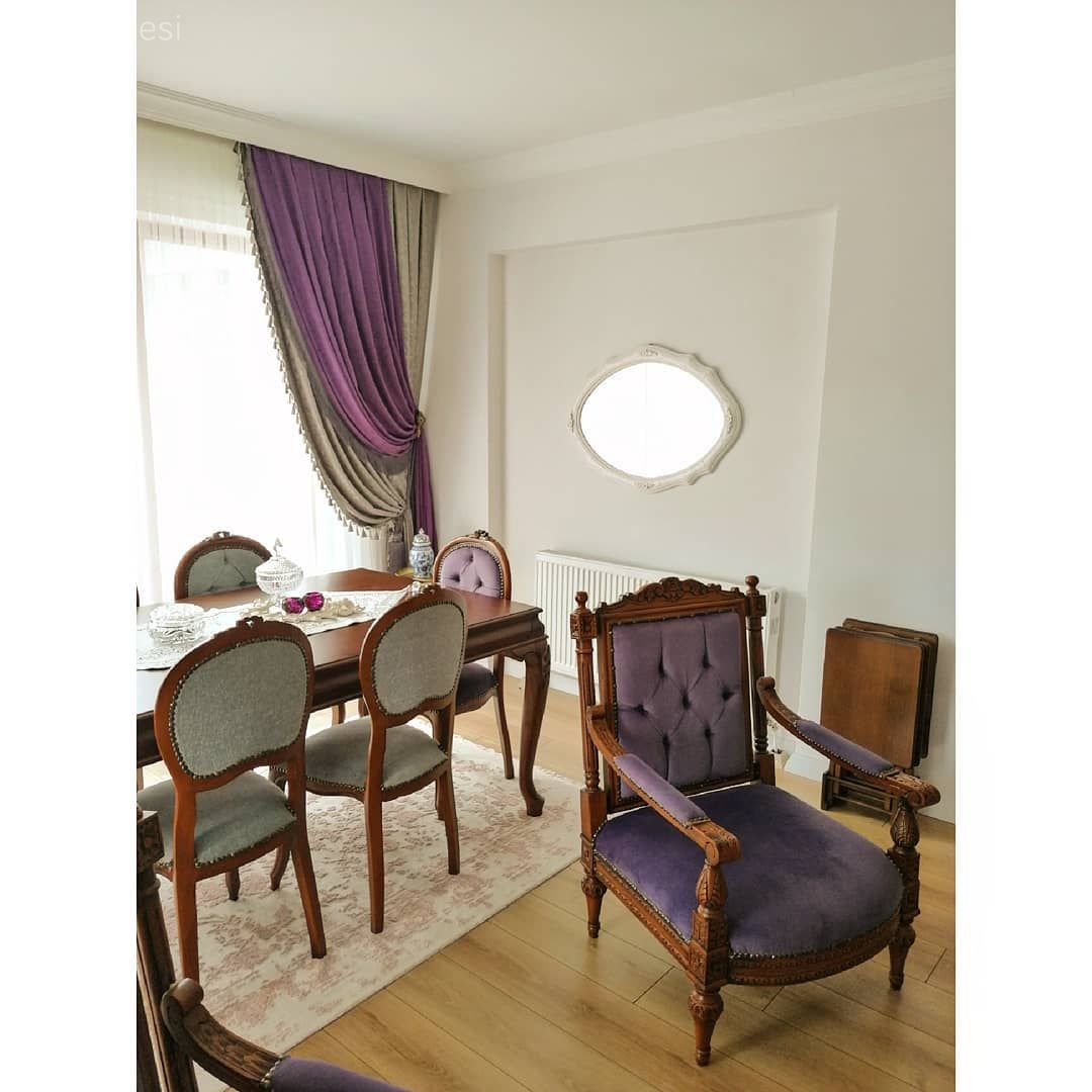 Salon, Klasik, Gri, Mor, Kahverengi, Oymalı berjer, Salon avizesi, Halı, Ayna, Sandalye, Yemek masası, Fon perde, Perde, Tül perde