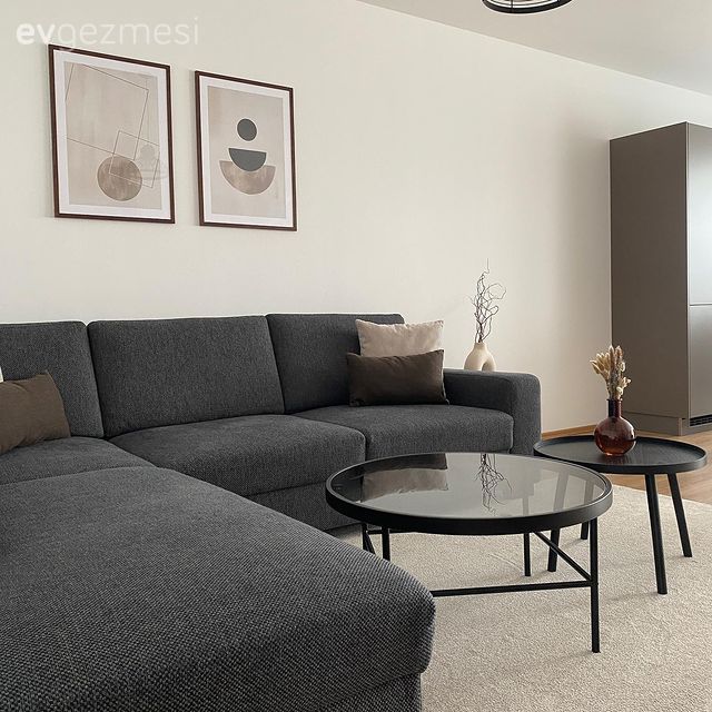 Salon, Modern, Gri, Beyaz, Siyah, Antrasit  , Köşe koltuk, Koltuk takımı, Orta sehpa, Sehpa, Tablo, Duvar dekorasyonu, Yuvarlak sehpa, Halı