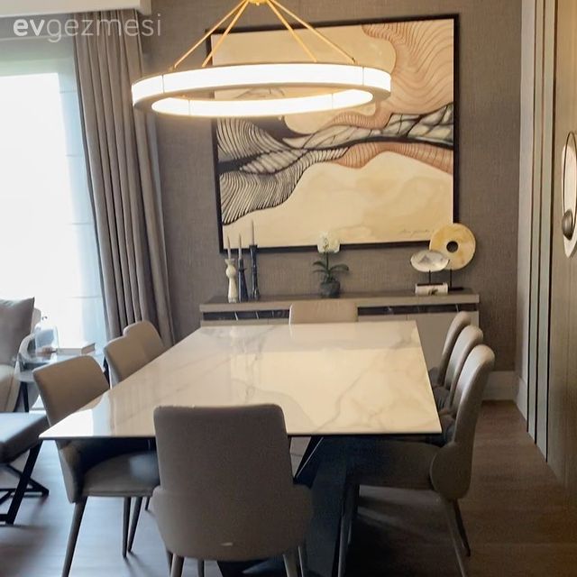 Yemek Odası, Krem, Beyaz, Bej, Siyah, Yemek masası, Sandalye, Koltuk takımı, Tablo, Duvar dekorasyonu, Yemek odası avizesi