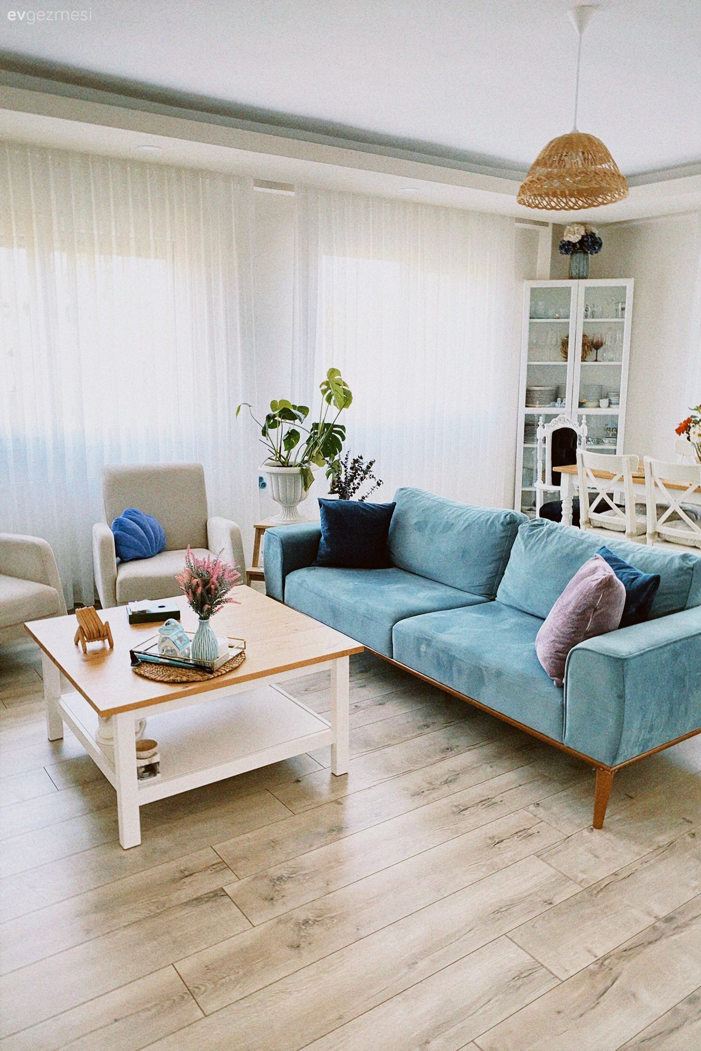 Salon, Modern, Mavi, Beyaz, Ahşap Mobilya, Koltuk takımı, Orta sehpa, Sehpa, Vitrin, Sandalye, Yemek masası, Tül perde, Perde, Berjer, Parke