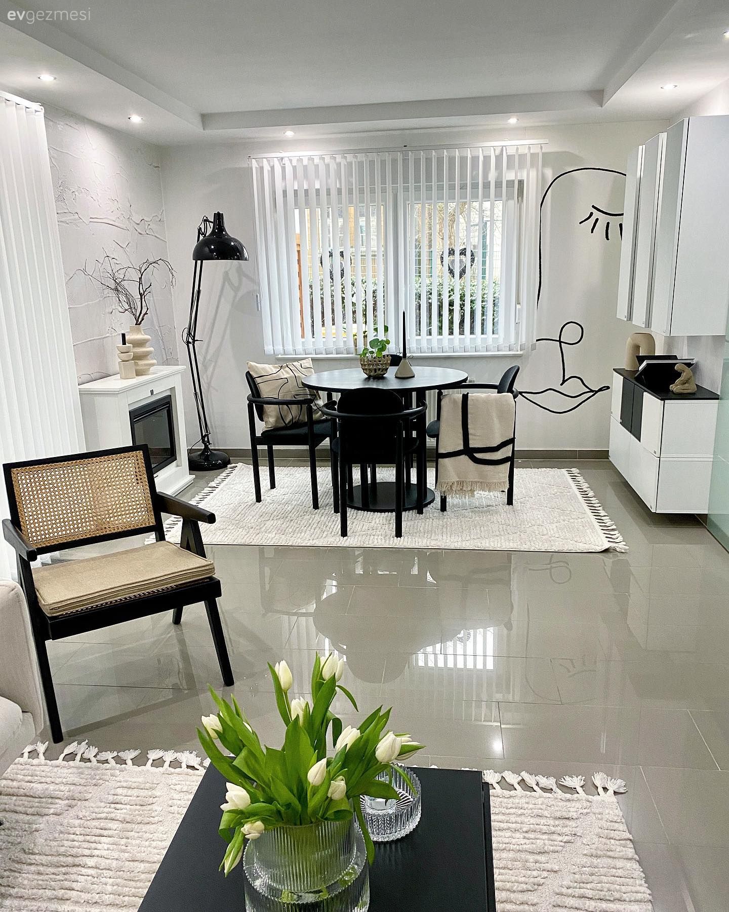 Salon, Modern, Beyaz, Siyah, Krem, Halı, Salon halısı, Şömine, Sandalye, Yemek masası, Tül perde, Perde, Lambader, Aydınlatma, Dekoratif Objeler, Zemin seramikleri, Konsol, Konsol üzeri dekoratif objeleri, Saksı, Vazo, Ev Aksesuar, Çiçekler, Spot aydınlatma
