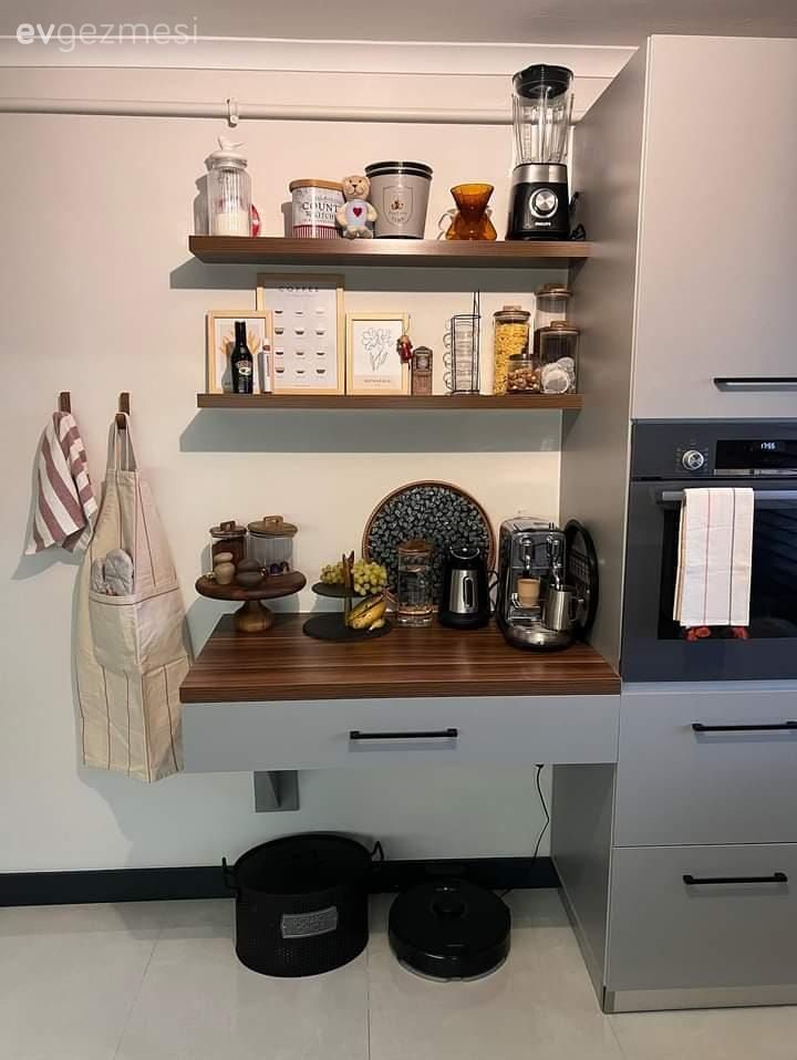 Kahve köşesi, Modern, Gri, Beyaz, Siyah, Duvar rafı, Duvar dekorasyonu, Ankastre, Mutfak