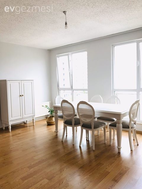 Parke, Beyaz, Gri, Country, Yemek masası, Country yemek odası, Sandalye, Dolap