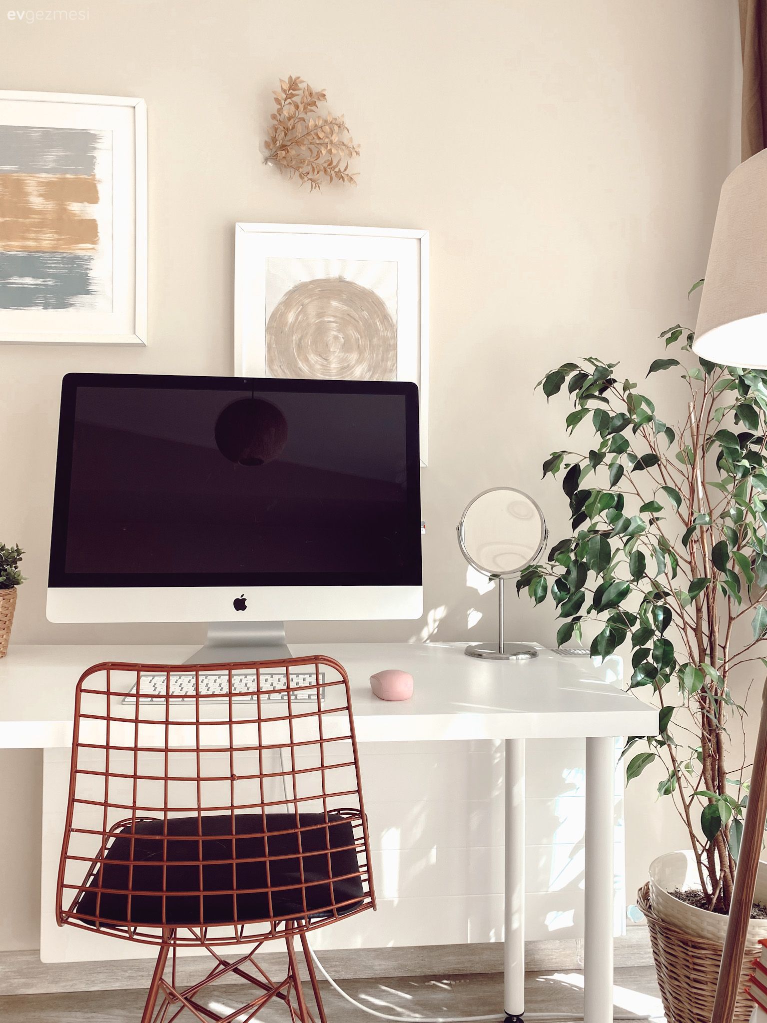 Çalışma masası, Sandalye, Beyaz, Ev bitkisi, Kahverengi, Halı, Kilim, Tablo, Duvar dekorasyonu