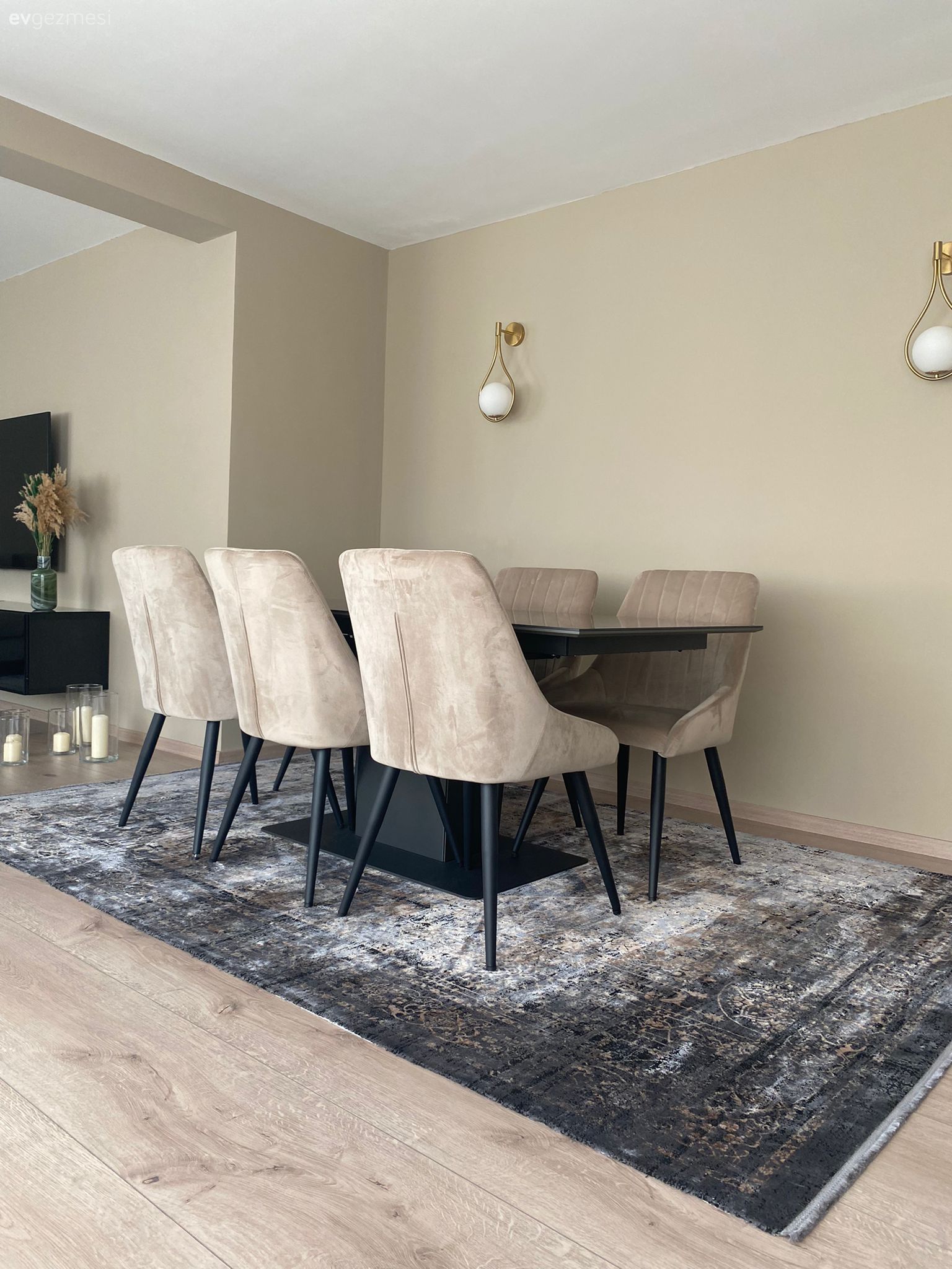 Krem duvar, Krem, Siyah, Sandalye, Yemek masası, Halı