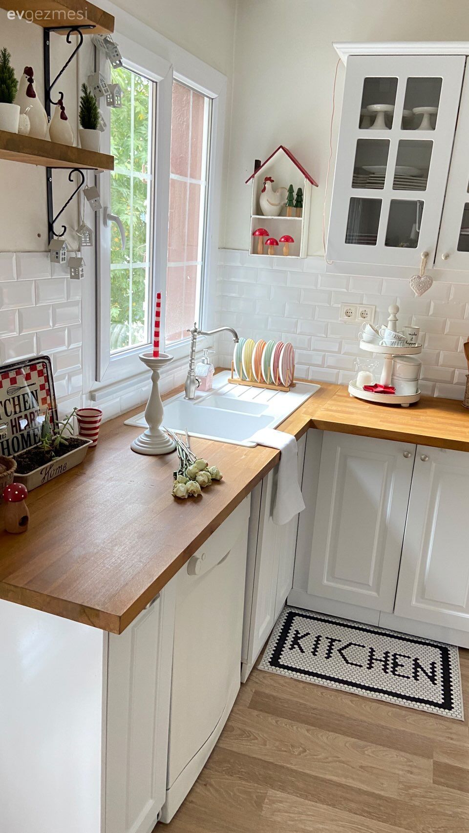 Shaker kapaklı dolaplar, Mutfak, Metro seramik, Seramik, Ahşap mutfak tezgahı, Mutfak tezgahı, Mutfak rafı, Paspas, Mutfak aksesuarları