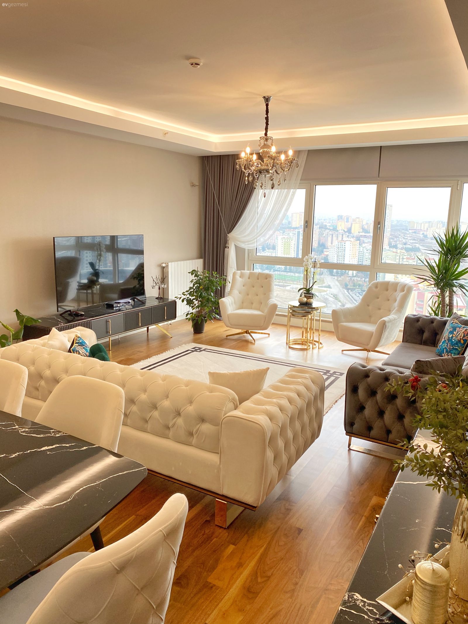 Salon, Modern, Beyaz, Gri, Yeşil, Beyaz koltuk, Gri koltuk, Berjer, Koltuk takımı, Modern chesterfield, Kırlent, Ev tekstili, Halı, Salon halısı, Fon perde, Perde, Tül perde, Ev bitkisi, Parke, Avize, Aydınlatma, Salon avizesi, Led aydınlatma, Siyah, Tv ünitesi, Tv ünitesi aksesuarları, Ev Aksesuar