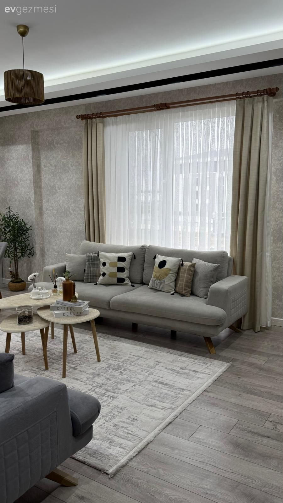 Salon, Modern, Gri, Bej, Krem, Koltuk takımı, Halı, Salon halısı, Fon perde, Perde, Tül perde, Orta sehpa, Sehpa, Kırlent, Ev tekstili, Parke