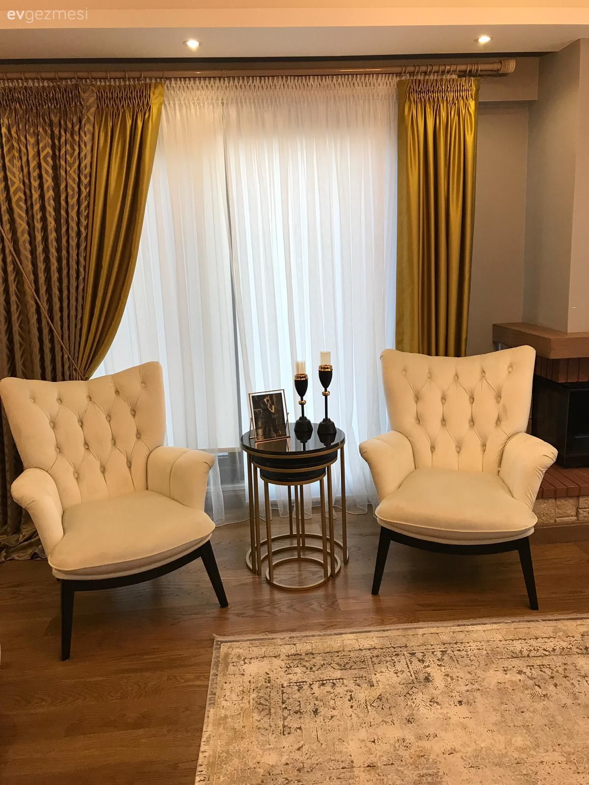 Hardal, Fon perde, Perde, Tül perde, Berjer, Yan sehpa, Sehpa, Halı, Salon halısı