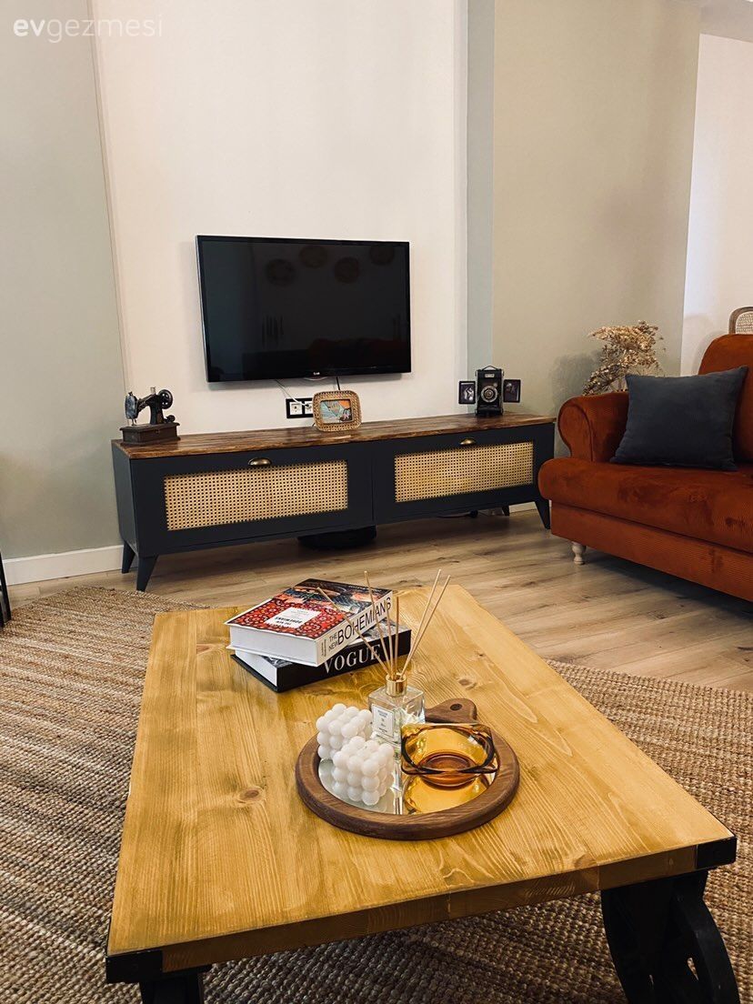 Ahşap Mobilya, Tv ünitesi, Jüt halı, Halı, Turuncu, Antrasit  , Orta sehpa, Sehpa, Kırlent, Ev tekstili
