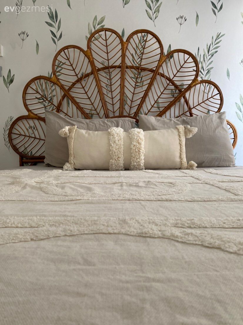 Yatak Odası, Bohem Dekorasyon, Beyaz, Krem, Bej, Yatak başlığı, Yatak örtüsü