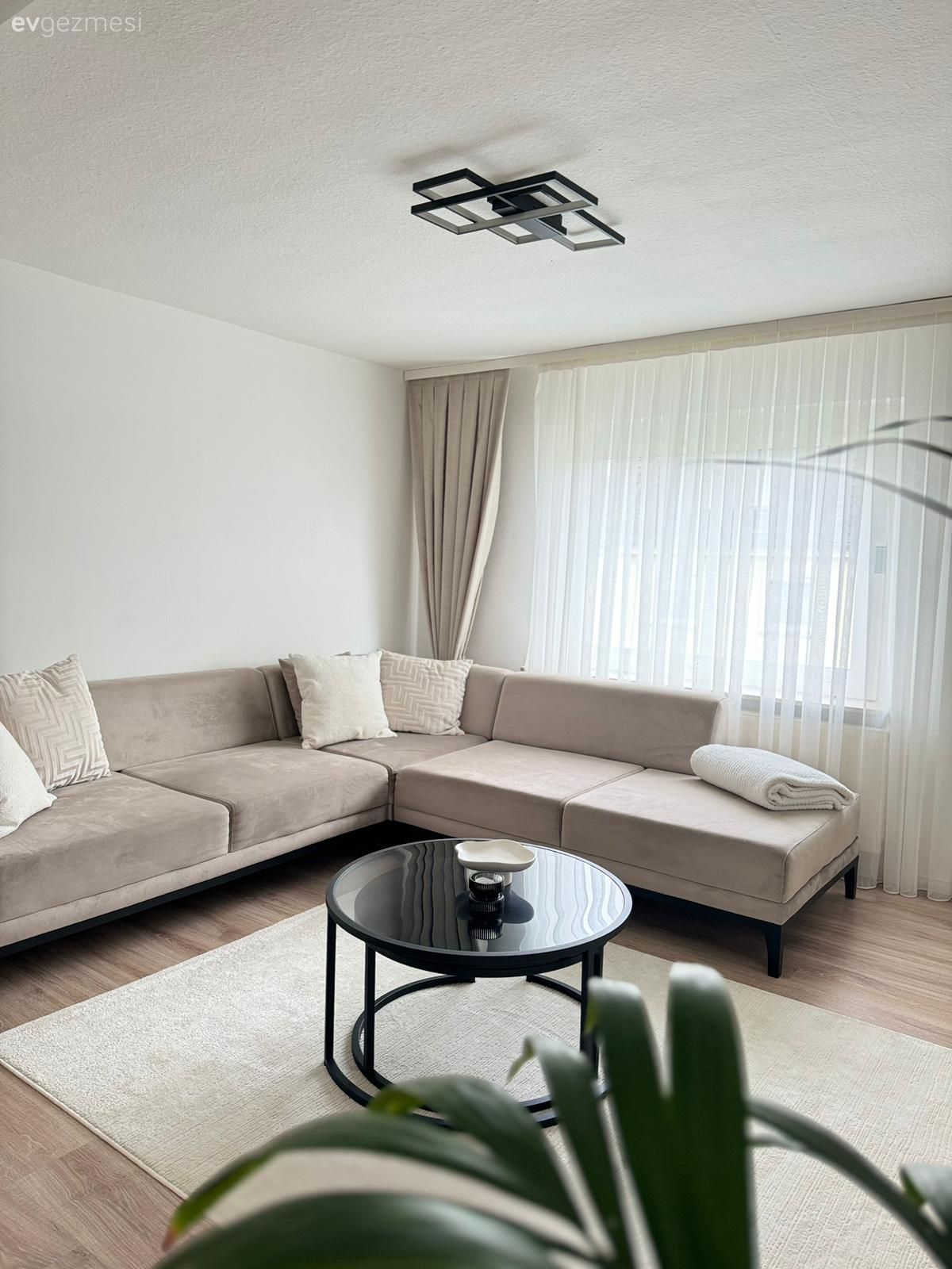 Salon, Modern, İskandinav, Vizon, Bej, Siyah, Köşe koltuk, Koltuk takımı, Fon perde, Perde, Tül perde, Tv ünitesi, Tv ünitesi aksesuarları, Ev Aksesuar, Halı, Salon halısı, Orta sehpa, Sehpa