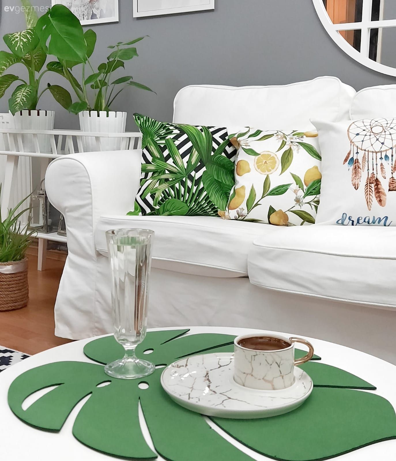 Koltuk takımı, Yeşil, Beyaz, Gri duvar, Kırlent, Ev tekstili, Ev bitkisi