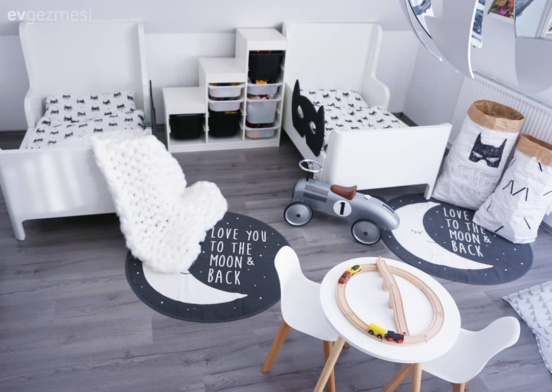 Çocuk Odası, Beyaz, Siyah, Çocuk odası halısı, Çocuk odası çalışma masası, Sandalye
