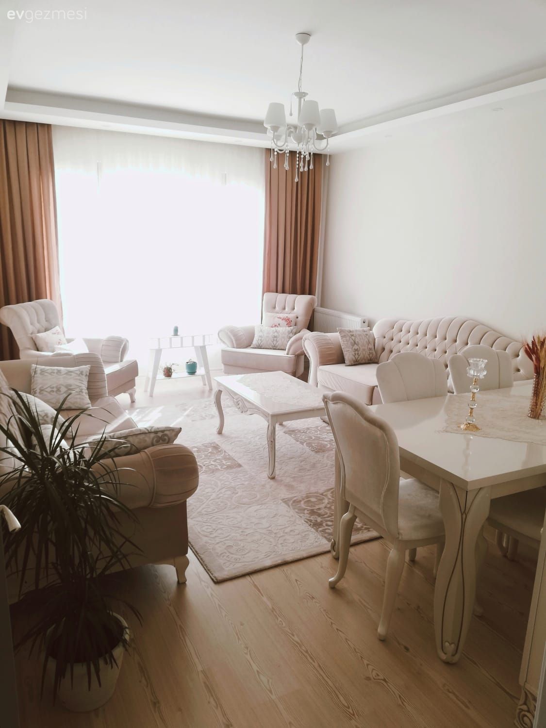 Salon, Country, Krem, Pudra pembe, Beyaz, Bej, Fon perde, Perde, Tül perde, Koltuk takımı, Berjer, Orta sehpa, Sehpa, Halı