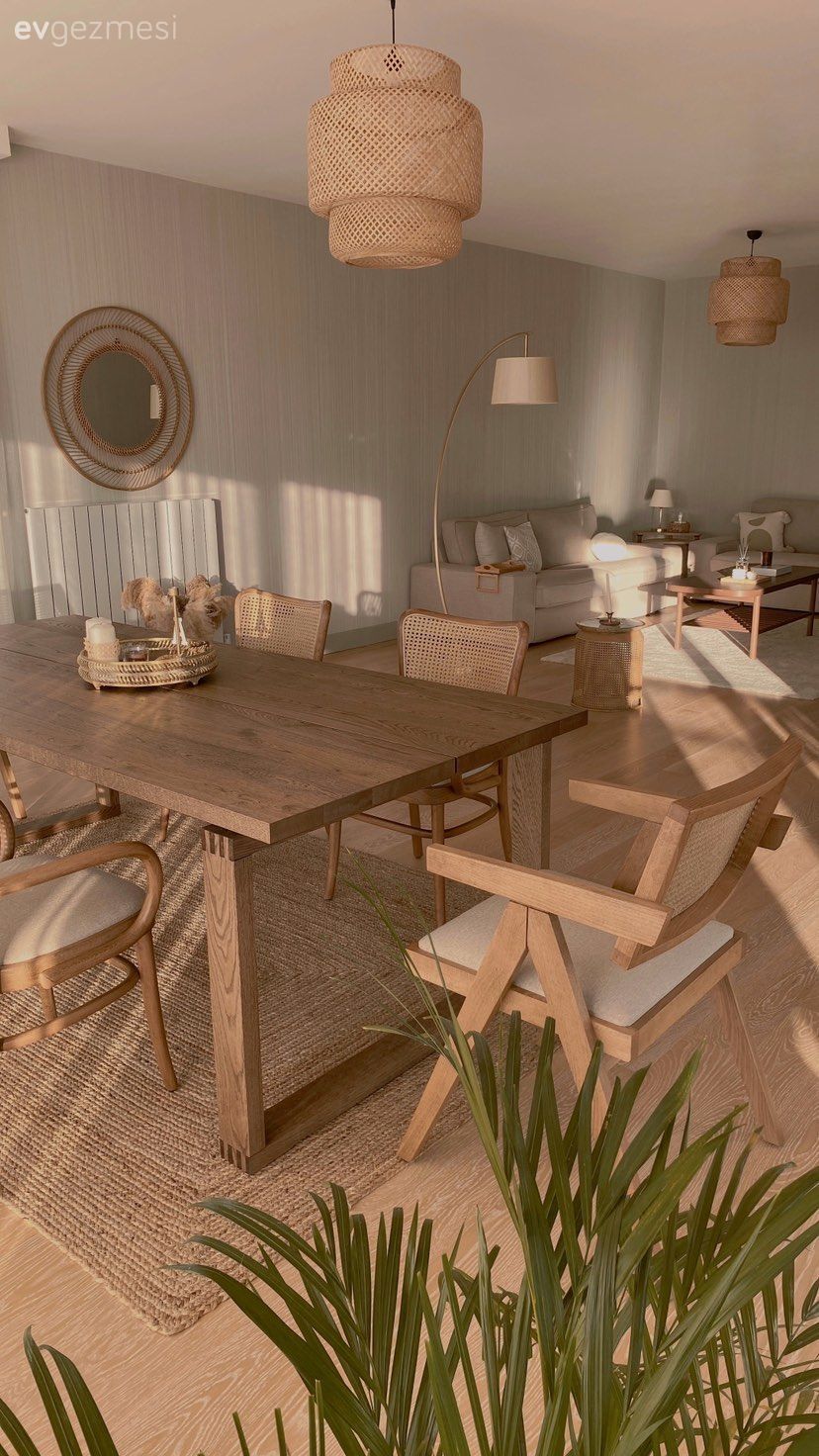 Salon, Bohem Dekorasyon, İskandinav, Krem, Bej, Beyaz, Kahverengi, Ahşap Mobilya, Koltuk takımı, Halı, Salon halısı, Orta sehpa, Sehpa, Sandalye, Avize, Aydınlatma, Salon avizesi, Yemek masası, Ayna, Fon perde, Perde, Tül perde, Kırlent, Ev tekstili, Lambader, Ev bitkisi