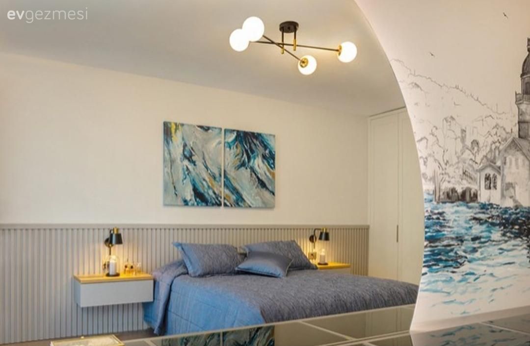 Yatak Odası, Yatak odası duvar dekorasyonu, Duvar kağıdı, Duvar dekorasyonu, Ayna, Beyaz, Gri, Mavi, Fon perde, Perde