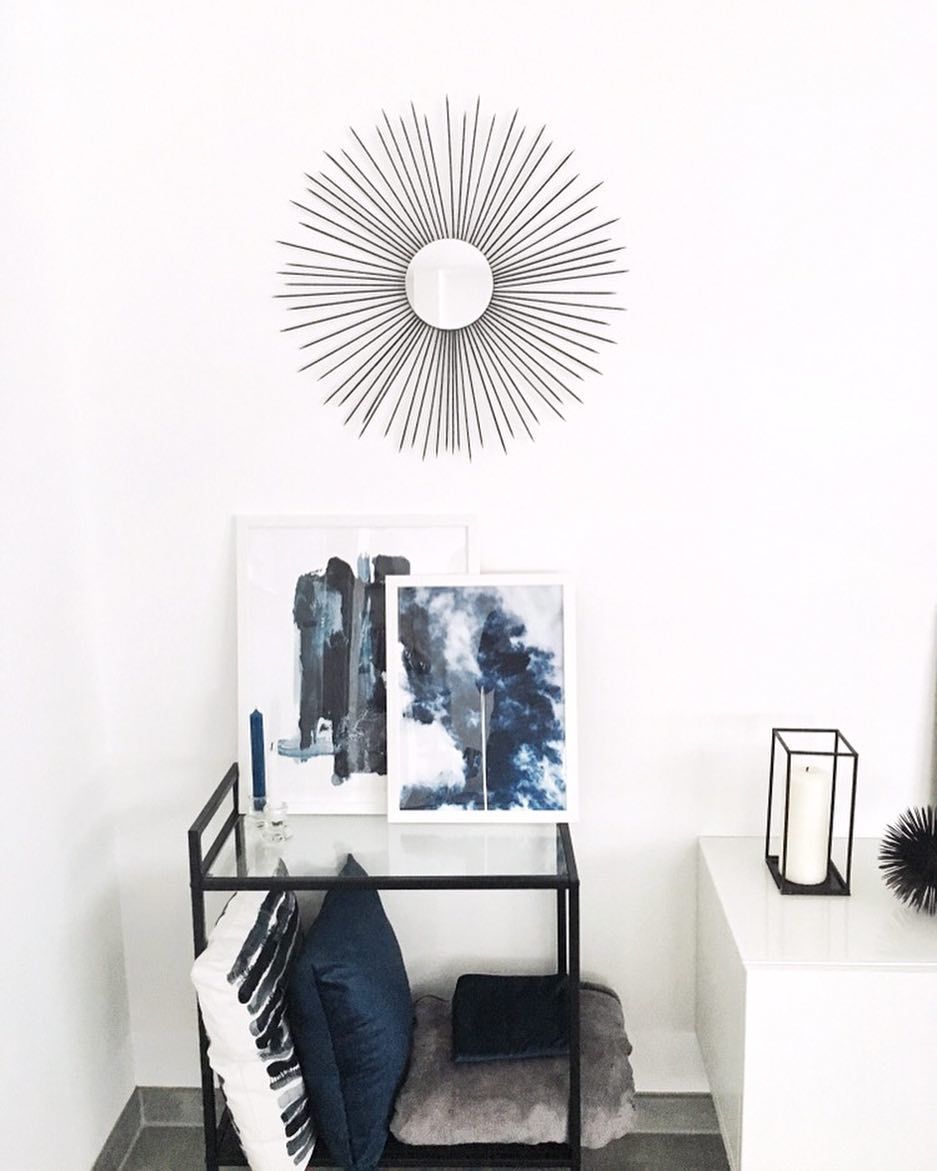 Açık raf, Duvar rafı, Siyah, Mavi, Tablo, Duvar dekorasyonu, Yuvarlak ayna, Dekoratif ayna, Mumluk, Ev Aksesuar