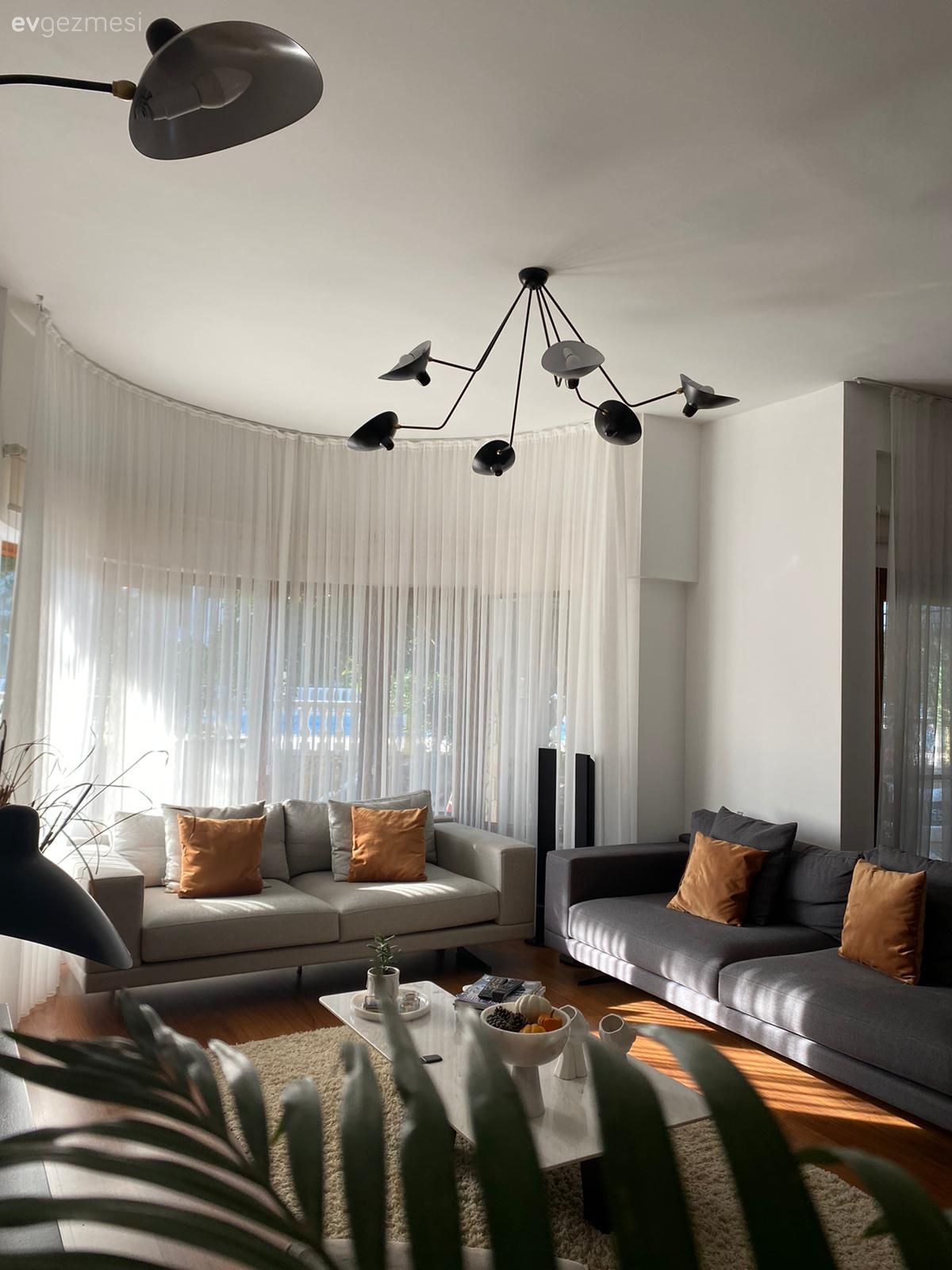 Salon, Eklektik, Bej, Gri, Beyaz, Hardal, Koltuk takımı, Gri koltuk, Kırlent, Ev tekstili, Tül perde, Perde, Avize, Aydınlatma, Salon avizesi, Ev bitkisi, Orta sehpa, Sehpa, Sehpa üstü aksesuarı, Ev Aksesuar, Halı, Salon halısı