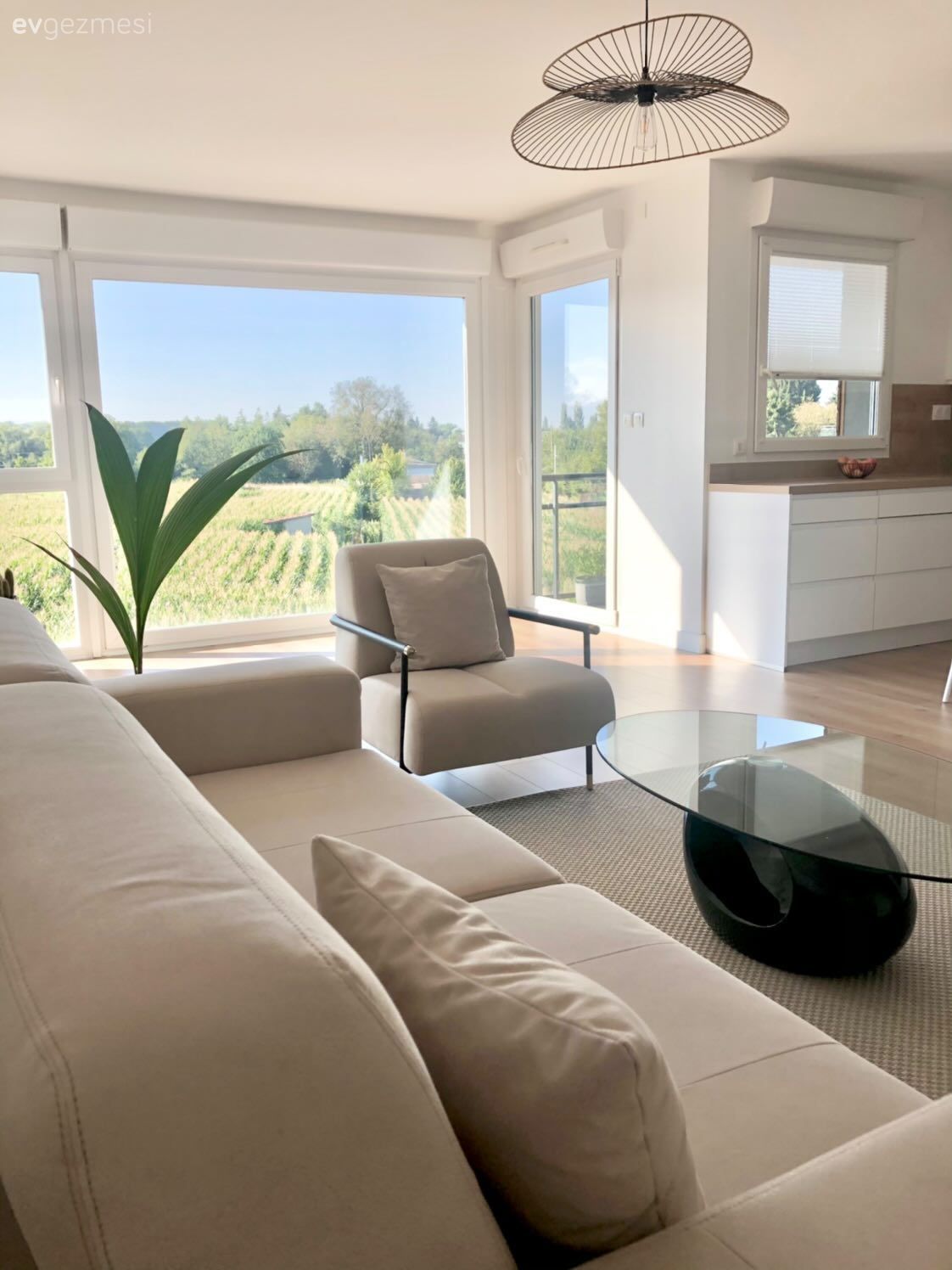 Salon, Beyaz, Modern, Siyah, Koltuk takımı, Berjer, Cam orta sehpa, Orta sehpa, Halı, Salon halısı, Avize, Aydınlatma, Tül perde, Perde