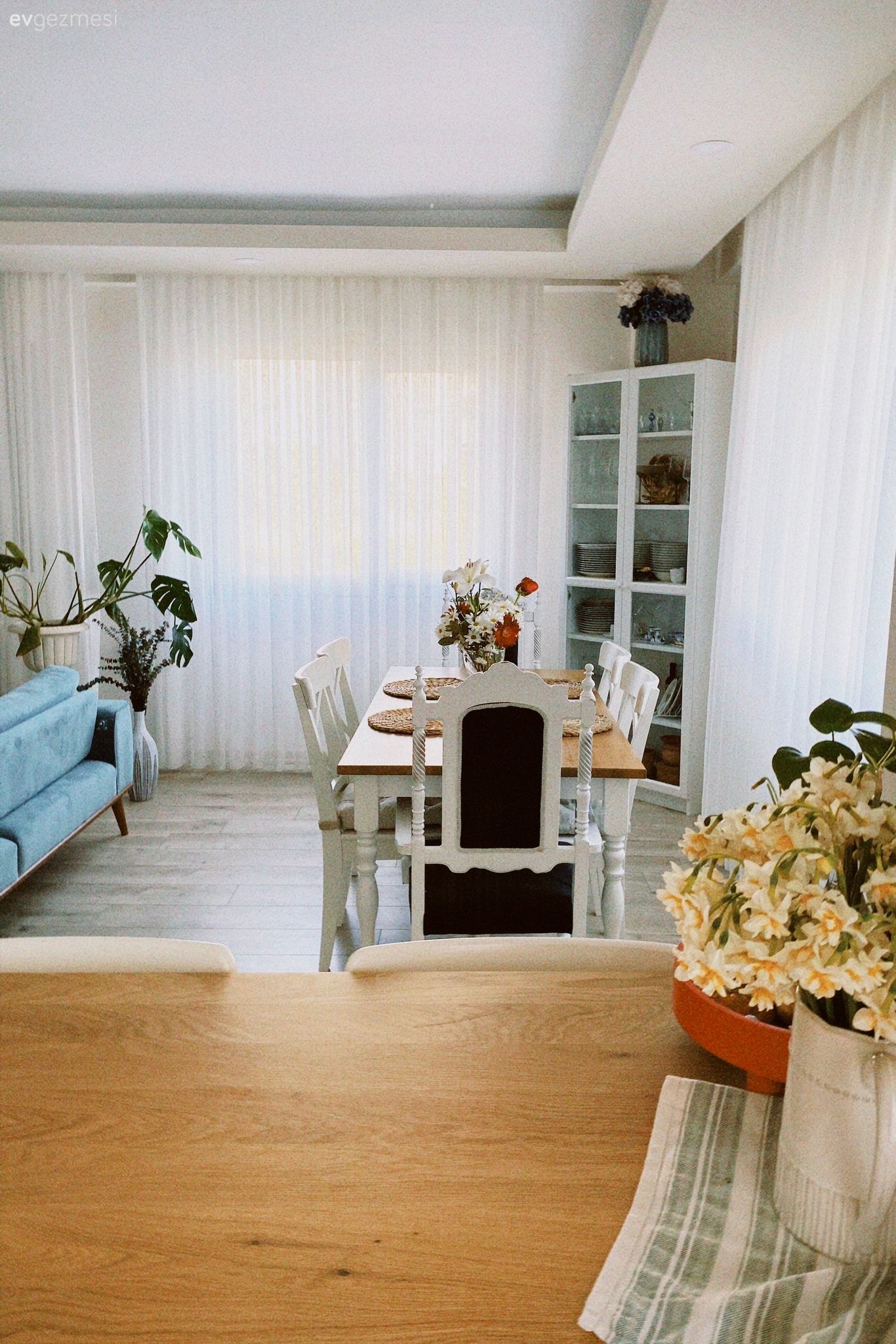 Yemek masası, Bohem Dekorasyon, İskandinav, Vitrin, Ev bitkisi, Mavi, Beyaz, Tül perde, Perde