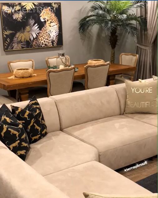 Salon, Modern, Köşe koltuk, Koltuk takımı, Krem, Siyah, Ahşap Mobilya, Altın, Fon perde, Perde, Yemek masası, Sandalye, Tablo, Duvar dekorasyonu, Ev bitkisi