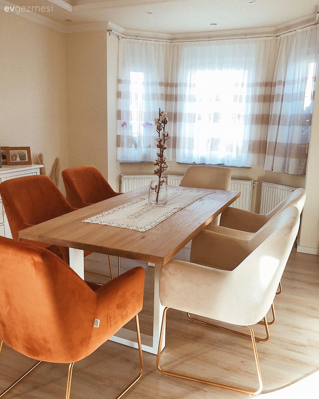 Yemek masası, Sandalye, Beyaz, Turuncu, Krem, Perde, Ahşap masa