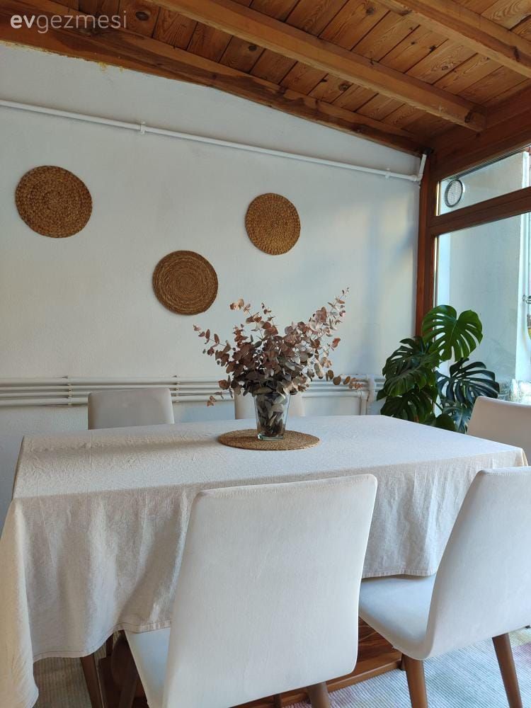 Kapalı teras, Beyaz, Hasır, Sandalye, Yemek masası, Ev bitkisi, Halı