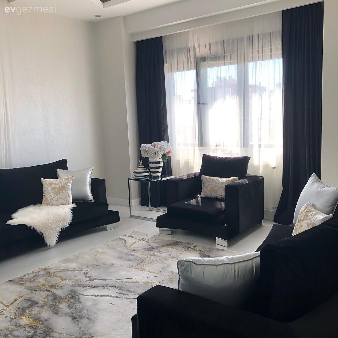 Oturma Odası, Siyah, Kırlent, Fon perde