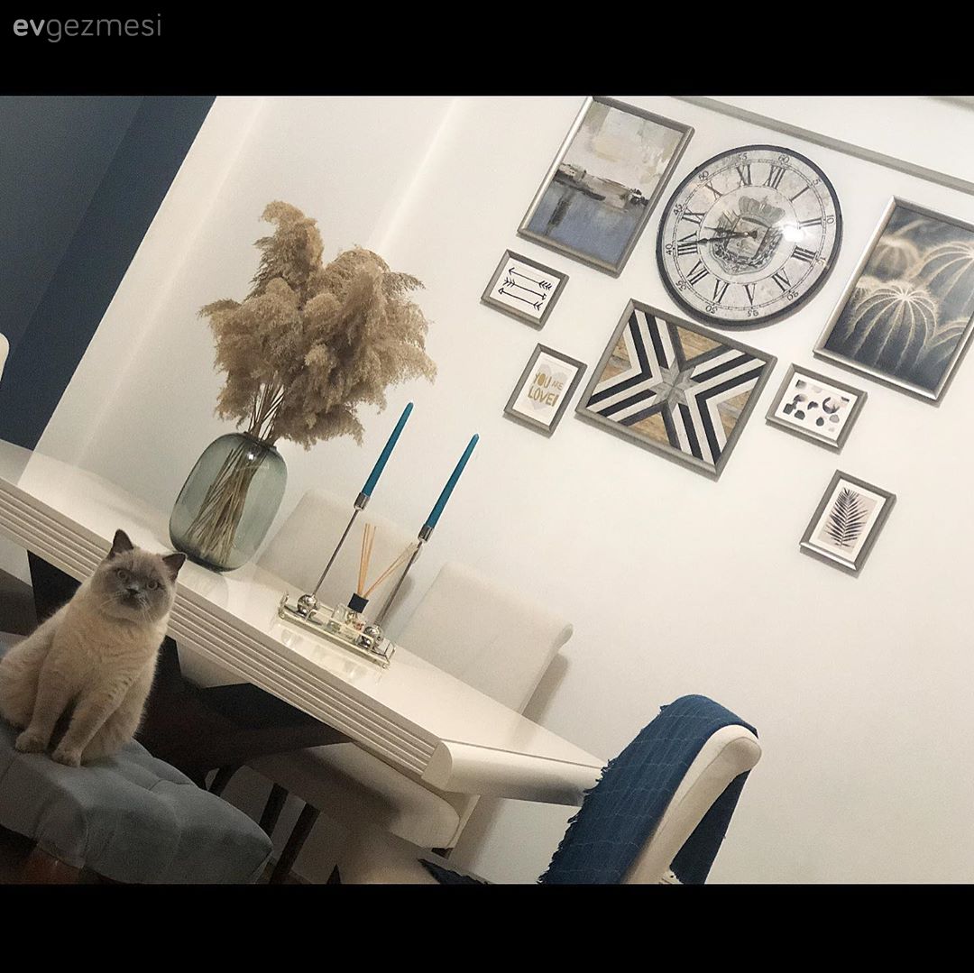 Yemek masası, Sandalye, Beyaz, Gri, Vazo, Ev Aksesuar, Pampas otu, Duvar saati, Duvar dekorasyonu, Duvar panosu