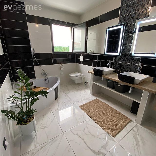 Banyo, Siyah, Beyaz, Banyo paspası, Banyo seramikleri, Banyo dolabı, Banyo aynası, Banyo aksesuarları