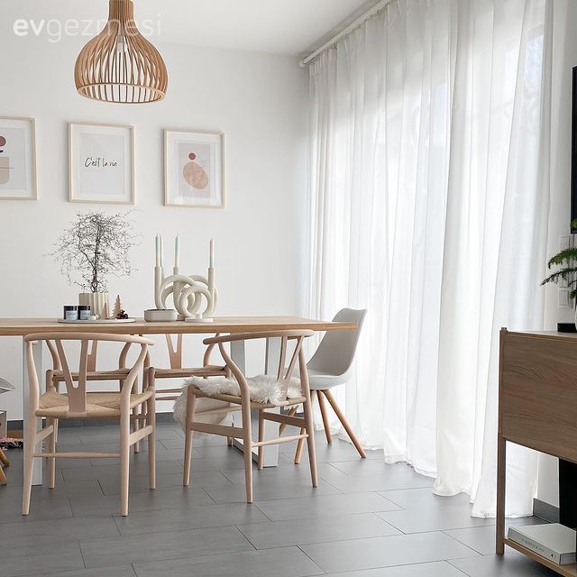 Yemek Odası, İskandinav, Beyaz, Ahşap Mobilya, Çerçeve, Duvar dekorasyonu, Tül perde, Perde, Hasır avize