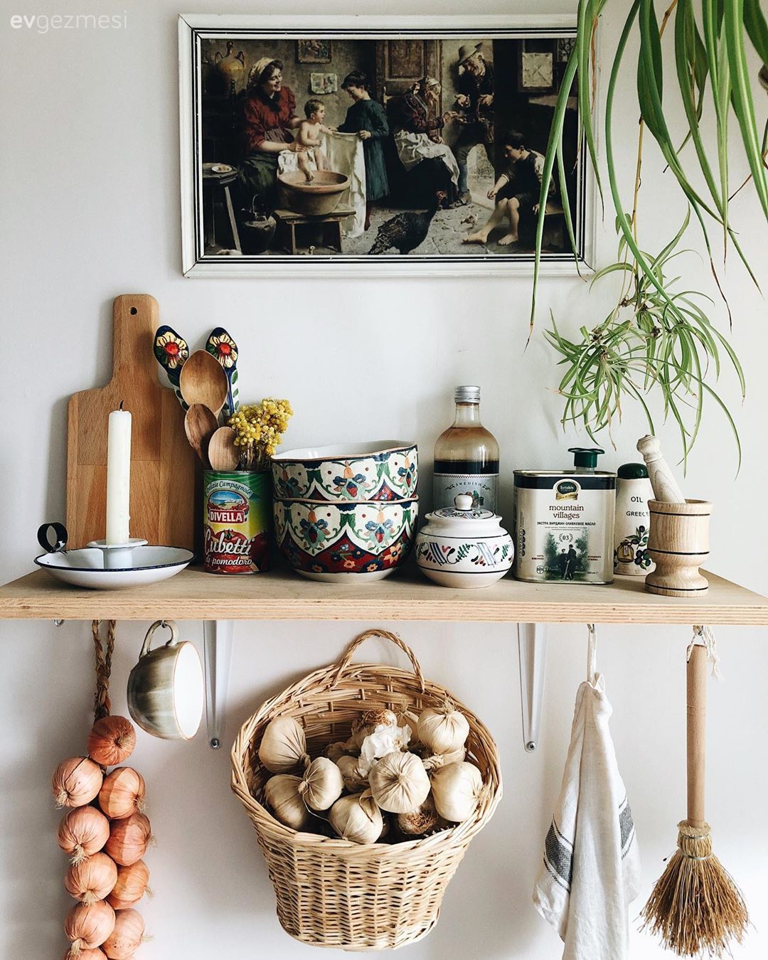 Mutfak duvar dekorasyonu, Açık raf, Duvar rafı, Ahşap Mobilya, Tablo, Duvar dekorasyonu, Ev bitkisi