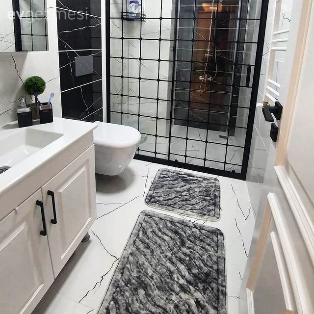 Banyo, Beyaz, Siyah, Modern banyo, Banyo dolabı, Duşakabin, Banyo paspası, Banyo seramikleri