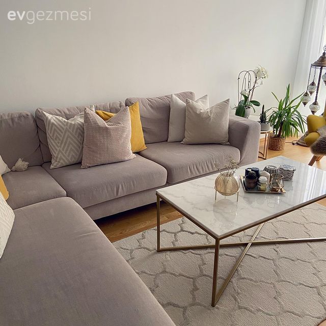 Salon, Modern, Gri, Beyaz, Sarı, Krem, Bej, Köşe koltuk, Koltuk takımı, Berjer, Orta sehpa, Sehpa, Halı, Salon halısı, Tül perde, Perde, Kırlent, Ev tekstili, Avize, Aydınlatma, Cam orta sehpa, Vazo, Ev Aksesuar, Çiçekler, Ev bitkisi